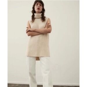 H&M Women's Oversized Sweater Vest S Ribbed Beige Knit Turtleneck Sleeveless‎
